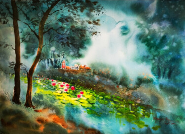Ζωγραφική με τίτλο "Morning Glory" από Subhajit Paul, Αυθεντικά έργα τέχνης, Ακουαρέλα