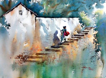Ζωγραφική με τίτλο "another busy day" από Subhajit Paul, Αυθεντικά έργα τέχνης, Ακουαρέλα