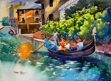Painting titled "Gliding on Gondola X" by Subhajit Paul, Original Artwork, Watercolor