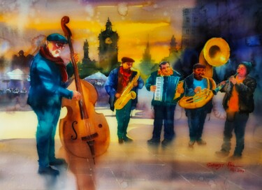 Malerei mit dem Titel "The Street Musicians" von Subhajit Paul, Original-Kunstwerk, Aquarell