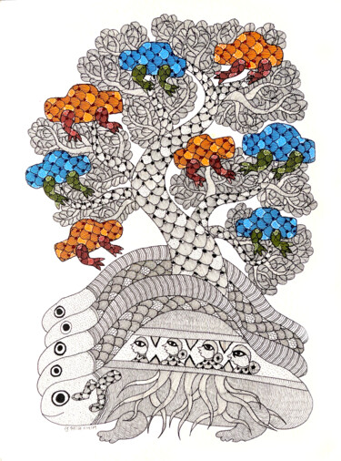 Malerei mit dem Titel "Tree Of Life 3" von Subhash Vyam, Original-Kunstwerk, Acryl