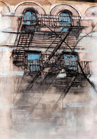 Painting titled "Escalier de secours…" by Catherine Suchocka, Original Artwork, Other