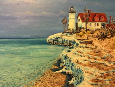 Painting titled "lighthouse by the c…" by Denis Sudarikov, Original Artwork, Acrylic Mounted on Wood Stretcher frame
