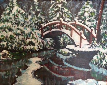 Painting titled "red bridge" by Denis Sudarikov, Original Artwork, Acrylic Mounted on Wood Stretcher frame