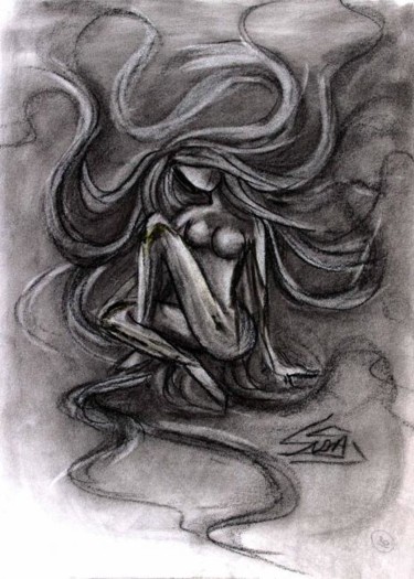 Drawing titled "LOST IN HER OWN WOR…" by Sudha Sama, Original Artwork