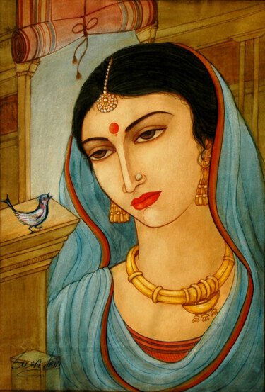 Painting titled "LADY WITH THE BIRD" by Sudha Sama, Original Artwork, Watercolor