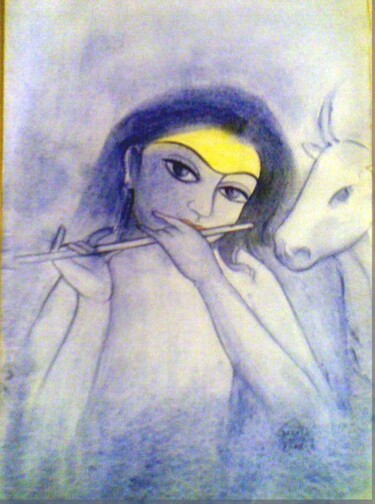 Drawing titled "KRISHNA" by Sudha Sama, Original Artwork