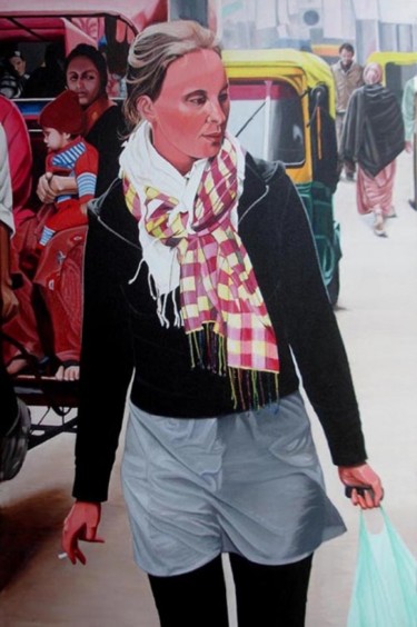 Painting titled "Girl with Scarf" by Sudhir Pillai, Original Artwork, Acrylic