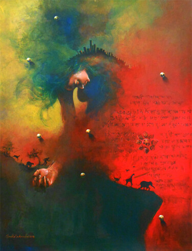 Painting titled "fall-of-a-civilisat…" by Sudipta Kundu, Original Artwork, Acrylic