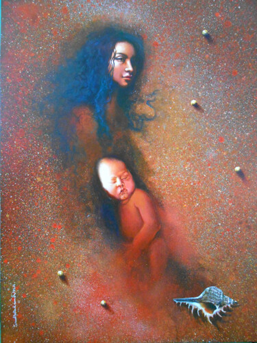 Painting titled "mother-and-child-se…" by Sudipta Kundu, Original Artwork, Acrylic