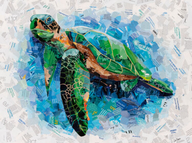 Collagen mit dem Titel "Blue Water Sea Turt…" von Sue Dowse, Original-Kunstwerk, Collagen