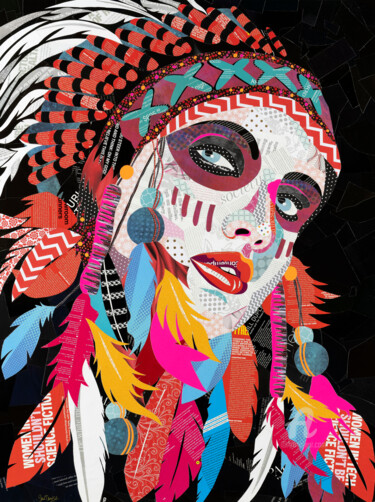 Collages titulada "American Indian Bea…" por Sue Dowse, Obra de arte original, Collages