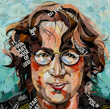 Collages titled "John Lennon Legend" by Sue Dowse, Original Artwork, Collages Mounted on Wood Stretcher frame