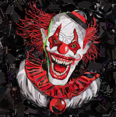 "Scary Clown" başlıklı Kolaj Sue Dowse tarafından, Orijinal sanat, Kolaj Ahşap Sedye çerçevesi üzerine monte edilmiş