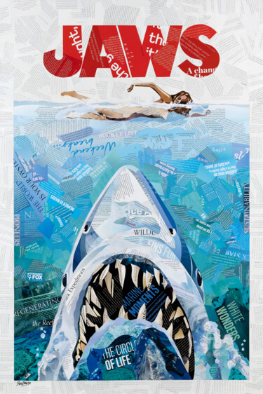 Collages intitolato "Jaws Movie Poster" da Sue Dowse, Opera d'arte originale, Collages