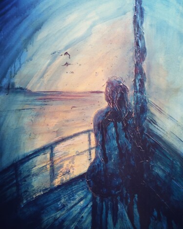 Schilderij getiteld "Just Before Dawn" door Sue Lorenz, Origineel Kunstwerk, Olie Gemonteerd op Frame voor houten brancard