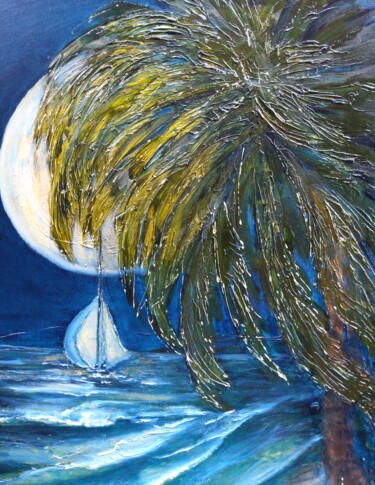 Painting titled "Moonshine Beach" by Sue Lorenz, Original Artwork, Oil