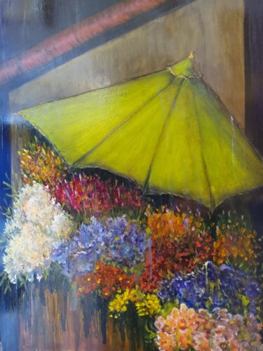 Painting titled "Under the Green Umb…" by Sue Lorenz, Original Artwork, Oil Mounted on Aluminium