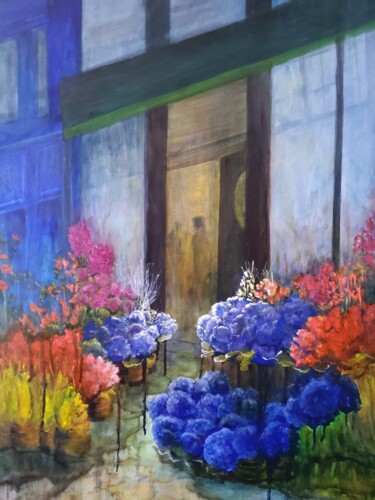 Painting titled "Le Fleuriste Bleu" by Sue Lorenz, Original Artwork, Oil