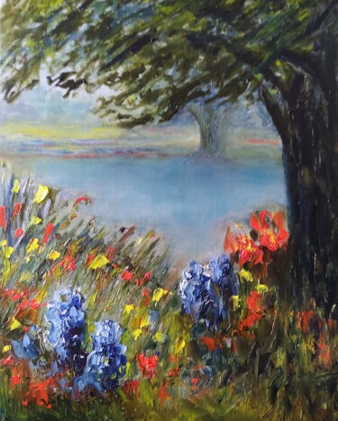 Malarstwo zatytułowany „Wildflower Trail” autorstwa Sue Lorenz, Oryginalna praca, Olej Zamontowany na Inny sztywny panel