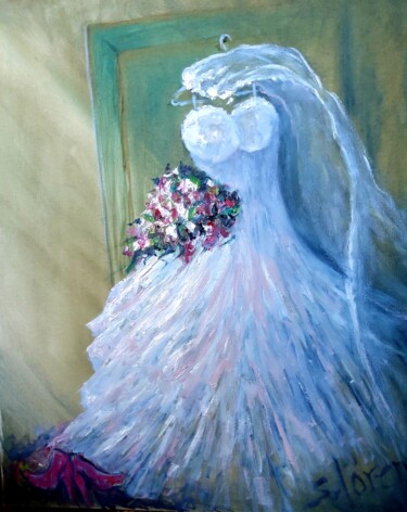 Painting titled "THE Dress" by Sue Lorenz, Original Artwork, Oil Mounted on Wood Stretcher frame