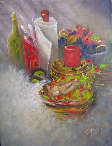 Schilderij getiteld "Dirty Dishes" door Sue Lorenz, Origineel Kunstwerk, Olie