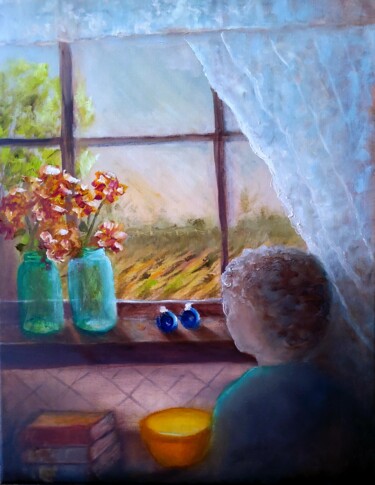 Painting titled "Grandma's Kitchen W…" by Sue Lorenz, Original Artwork, Oil Mounted on Wood Stretcher frame