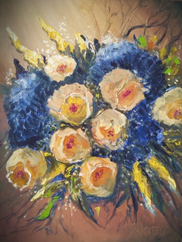 Painting titled "The Yellow Roses of…" by Sue Lorenz, Original Artwork, Oil Mounted on Other rigid panel