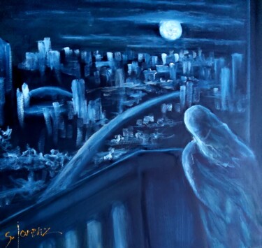Ζωγραφική με τίτλο "Once in a Blue Moon" από Sue Lorenz, Αυθεντικά έργα τέχνης, Λάδι Τοποθετήθηκε στο Ξύλινο φορείο σκελετό
