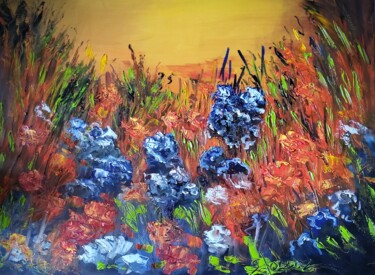 Schilderij getiteld "Wildflower Explosion" door Sue Lorenz, Origineel Kunstwerk, Olie