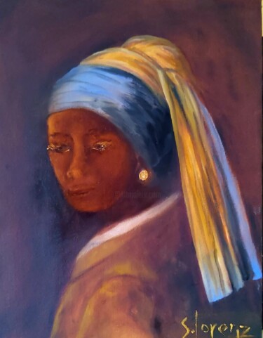 Painting titled "Homage to Vermeer" by Sue Lorenz, Original Artwork, Oil Mounted on Wood Stretcher frame