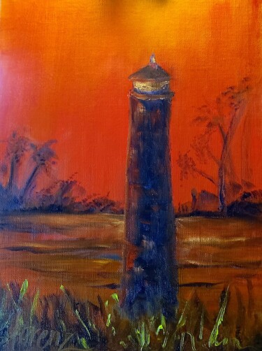 Painting titled "Red Sky at Night" by Sue Lorenz, Original Artwork, Oil Mounted on Other rigid panel