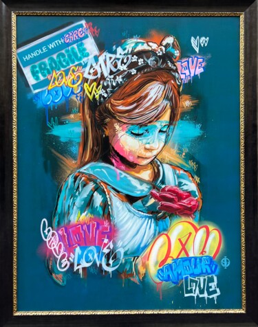 Schilderij getiteld "La fille à la rose" door Sufyr, Origineel Kunstwerk, Graffiti Gemonteerd op Frame voor houten brancard