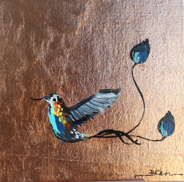 Hummingbird oil Painting with copper leaf Pintura intitulada "Hummingbird oil Pai…" por Viktoria Sukhanova, Obras de arte originais, Óleo