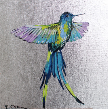 Hummingbird Painting with silver leaf Pintura intitulada "Hummingbird Paintin…" por Viktoria Sukhanova, Obras de arte originais, Óleo