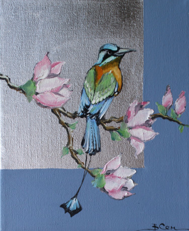 Hummingbird Marvelous Spatuletail magnolias Pintura intitulada "Hummingbird Marvelo…" por Viktoria Sukhanova, Obras de arte originais, Óleo