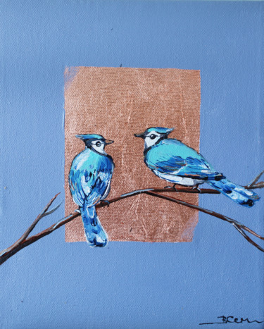 Peinture intitulée "Two Blue Jay Hummin…" par Viktoria Sukhanova, Œuvre d'art originale, Huile