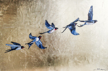 Painting titled "Swallow Martin Bird…" by Viktoria Sukhanova, Original Artwork, Oil Mounted on Wood Stretcher frame