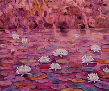 Malerei mit dem Titel "Lotus pond" von Sulakshana Dharmadhikari, Original-Kunstwerk, Öl