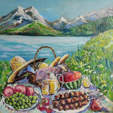 Painting titled "Picnic" by Sulamita, Original Artwork, Oil Mounted on Wood Stretcher frame