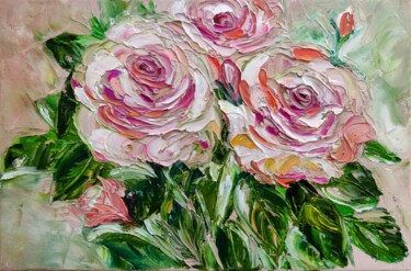 Painting titled "Roses." by Sulamita, Original Artwork, Oil Mounted on Wood Stretcher frame