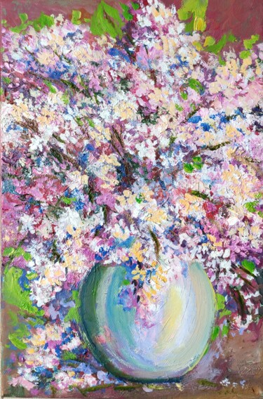 Painting titled "Spring bouquet." by Sulamita, Original Artwork, Oil Mounted on Wood Stretcher frame
