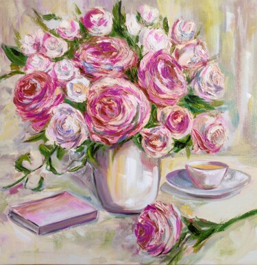 Painting titled "Bouquet of flowers…" by Sulamita, Original Artwork, Oil Mounted on Wood Stretcher frame