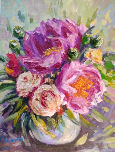 Painting titled "Peonies" by Sulamita, Original Artwork, Oil Mounted on Cardboard
