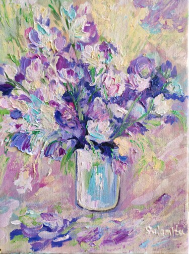 Painting titled "Flowers." by Sulamita, Original Artwork, Oil Mounted on Cardboard