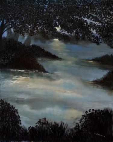 Painting titled "Moonlit-lake.jpg" by Suleiman, Original Artwork, Oil