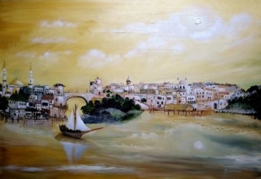 Schilderij getiteld "Eastern City" door Suleiman, Origineel Kunstwerk, Olie Gemonteerd op Frame voor houten brancard