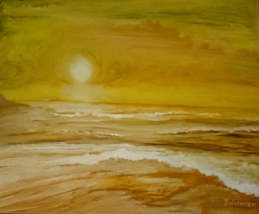 Painting titled "Sunset Beach" by Suleiman, Original Artwork, Oil Mounted on Cardboard