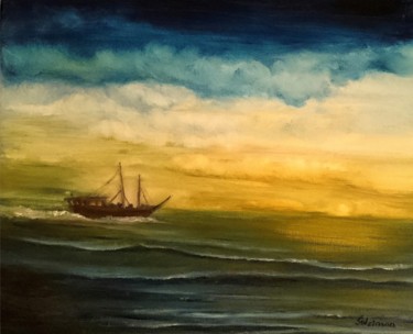 Painting titled "Arab Dhow at sunset" by Suleiman, Original Artwork, Oil Mounted on Cardboard