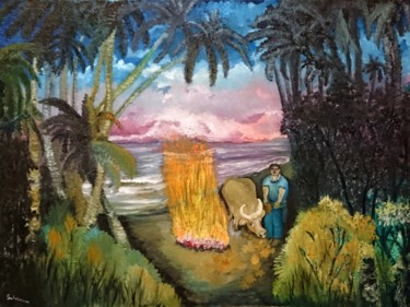 Pintura intitulada "Tamaraw-sunset.jpg" por Suleiman, Obras de arte originais, Óleo Montado em Armação em madeira